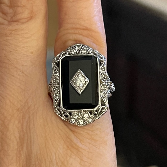 Art Deco style black onyx diamanté crystal sterling silver size 5.0 ring - Picture 11 of 11